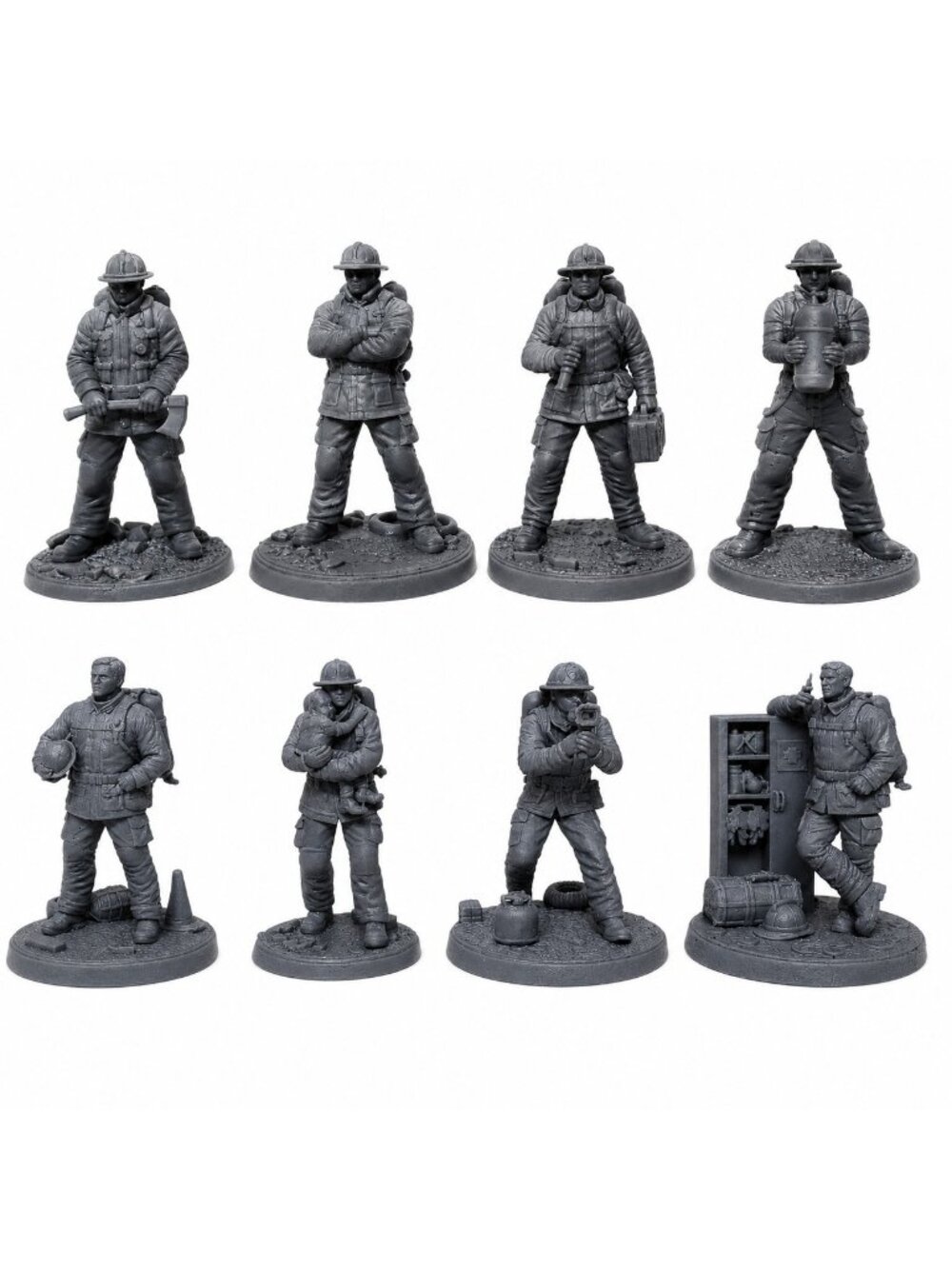 42mm O Scale Firefighter Figures on Bases Unpainted Resin 8pc Diorama Set